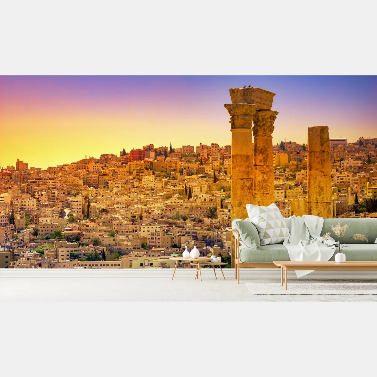 Fototapeta złota panorama Ammanu z antycznymi kolumnami – Wallissimo® Fototapeta złota panorama Ammanu z antycznymi kolumnami – Wallissimo®