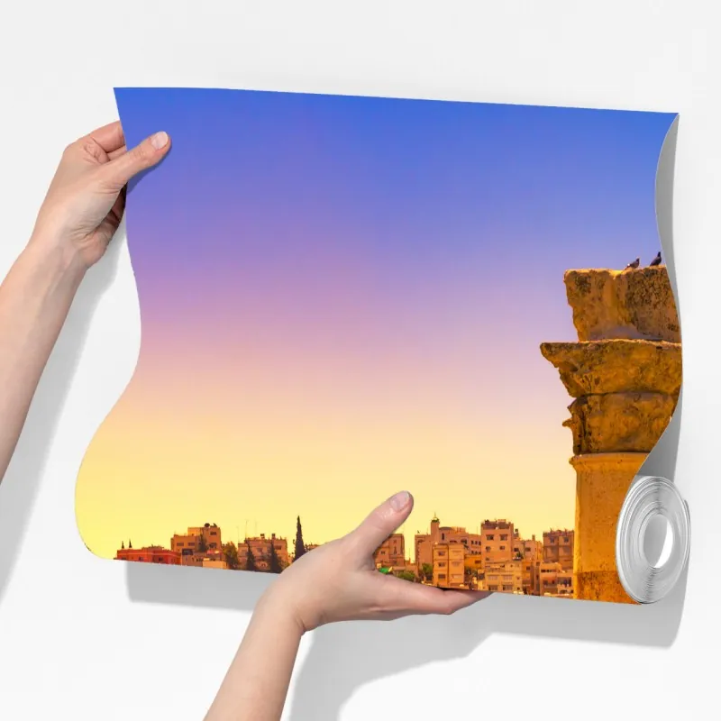 Fototapeta złota panorama Ammanu z antycznymi kolumnami – Wallissimo® Fototapeta złota panorama Ammanu z antycznymi kolumnami – Wallissimo®