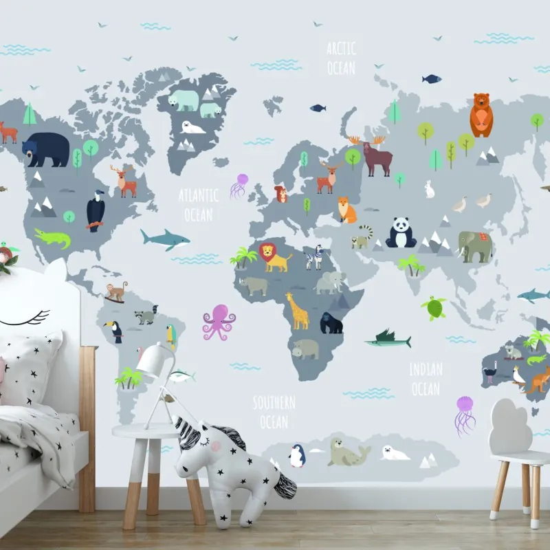 Fototapeta mapa świata ze zwierzętami w pastelowych kolorach