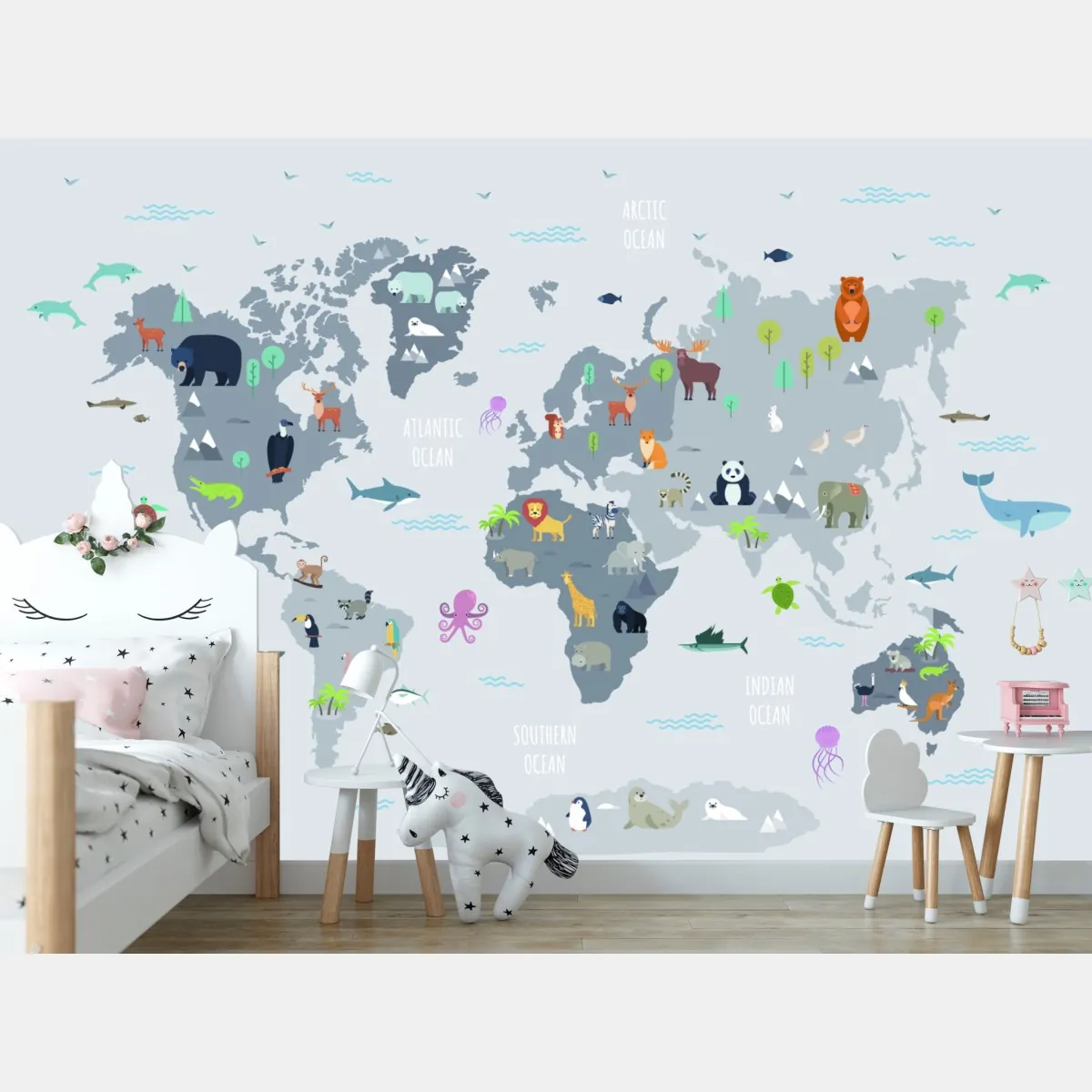 Fototapeta mapa świata ze zwierzętami w pastelowych kolorach – Wallissimo® Fototapeta mapa świata ze zwierzętami w pastelowych kolorach – Wallissimo®