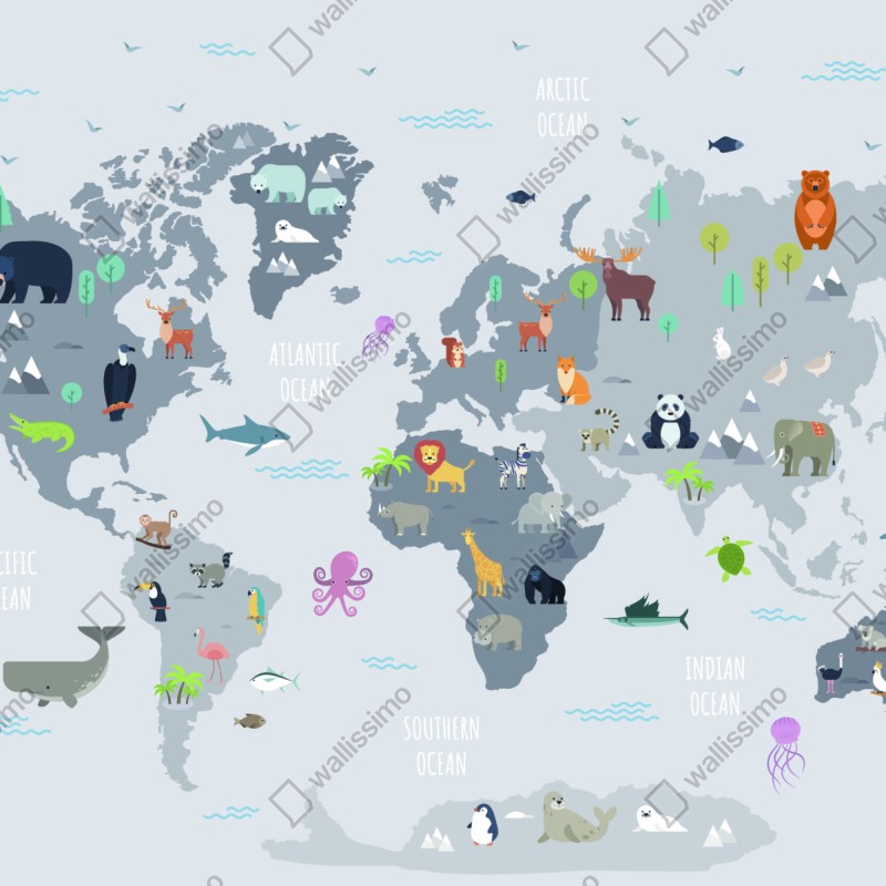 Fototapeta mapa świata ze zwierzętami w pastelowych kolorach – Wallissimo® Fototapeta mapa świata ze zwierzętami w pastelowych kolorach – Wallissimo®