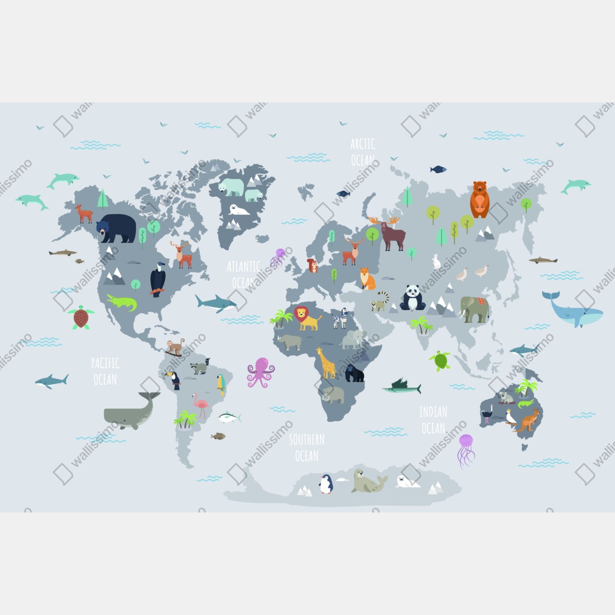 Fototapeta mapa świata ze zwierzętami w pastelowych kolorach – Wallissimo® Fototapeta mapa świata ze zwierzętami w pastelowych kolorach – Wallissimo®