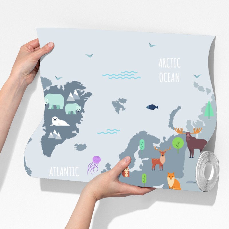 Fototapeta mapa świata ze zwierzętami w pastelowych kolorach – Wallissimo® Fototapeta mapa świata ze zwierzętami w pastelowych kolorach – Wallissimo®