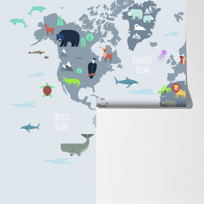 Fototapeta mapa świata ze zwierzętami w pastelowych kolorach – Wallissimo® Fototapeta mapa świata ze zwierzętami w pastelowych kolorach – Wallissimo®
