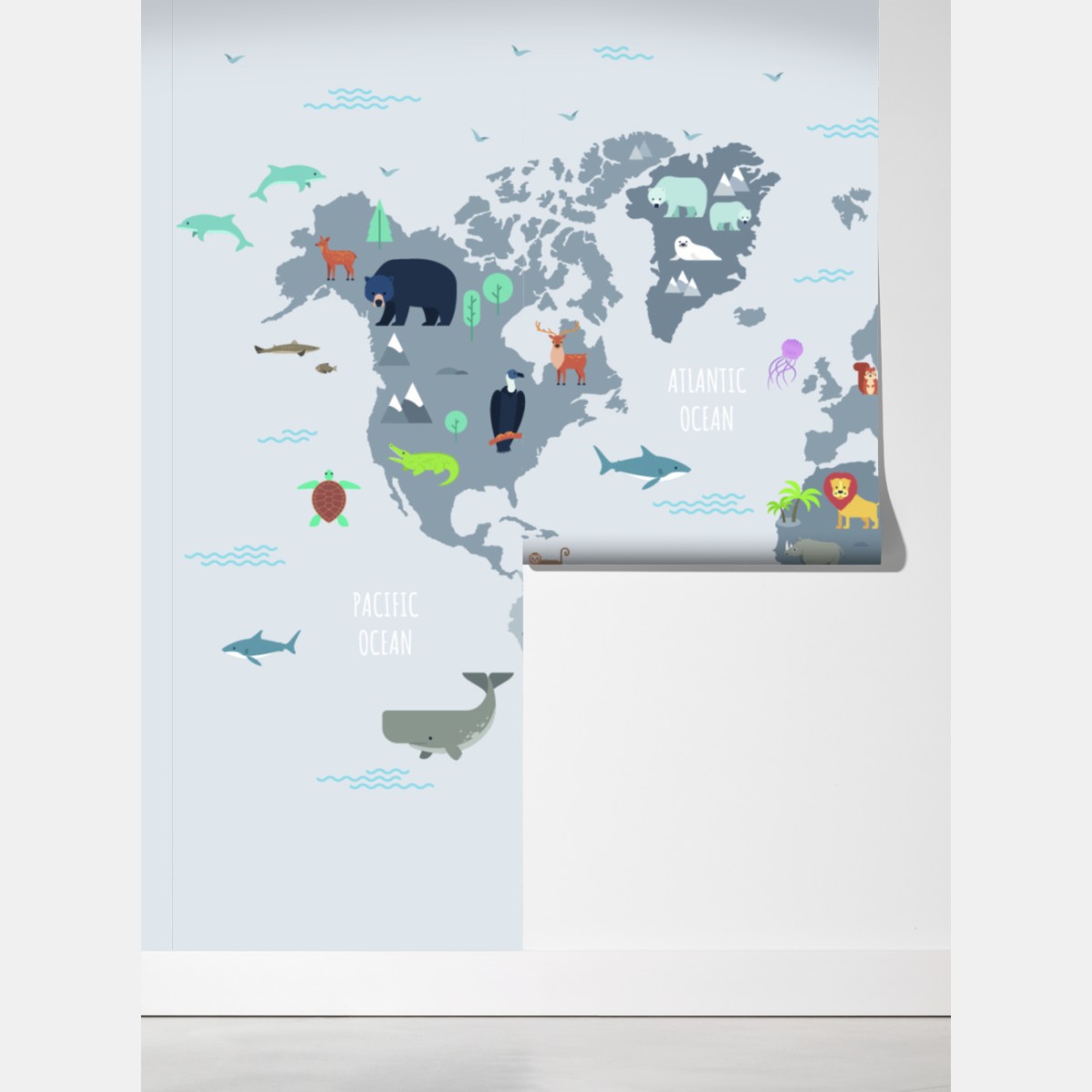 Fototapeta mapa świata ze zwierzętami w pastelowych kolorach – Wallissimo® Fototapeta mapa świata ze zwierzętami w pastelowych kolorach – Wallissimo®