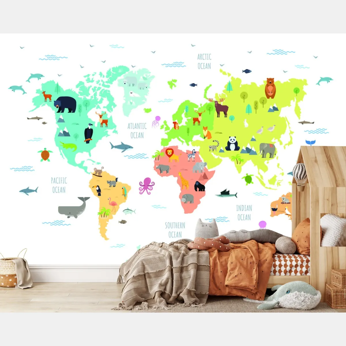 Fototapeta ilustrowana mapa świata ze zwierzętami – Wallissimo® Fototapeta ilustrowana mapa świata ze zwierzętami – Wallissimo®