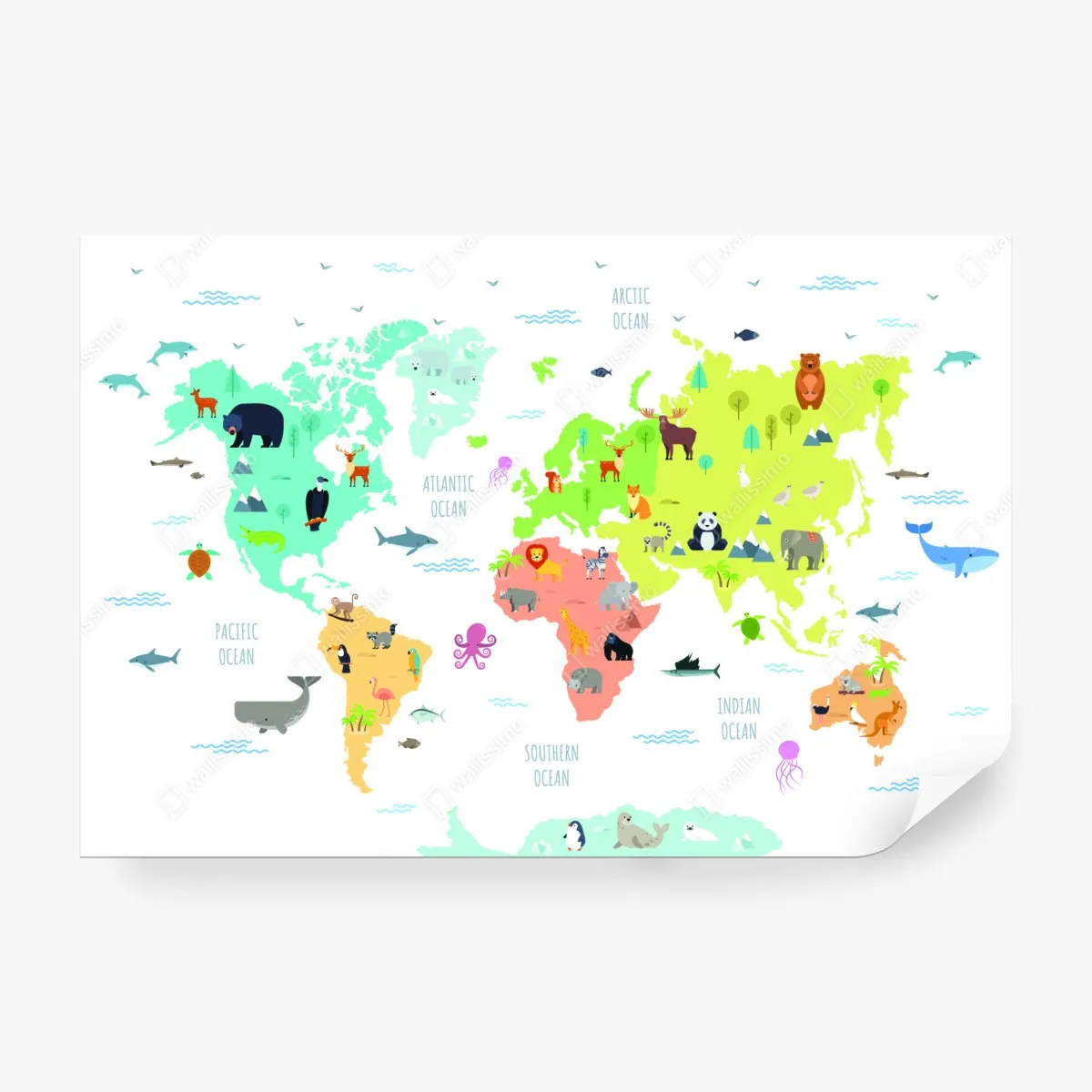 Fototapeta ilustrowana mapa świata ze zwierzętami – Wallissimo® Fototapeta ilustrowana mapa świata ze zwierzętami – Wallissimo®