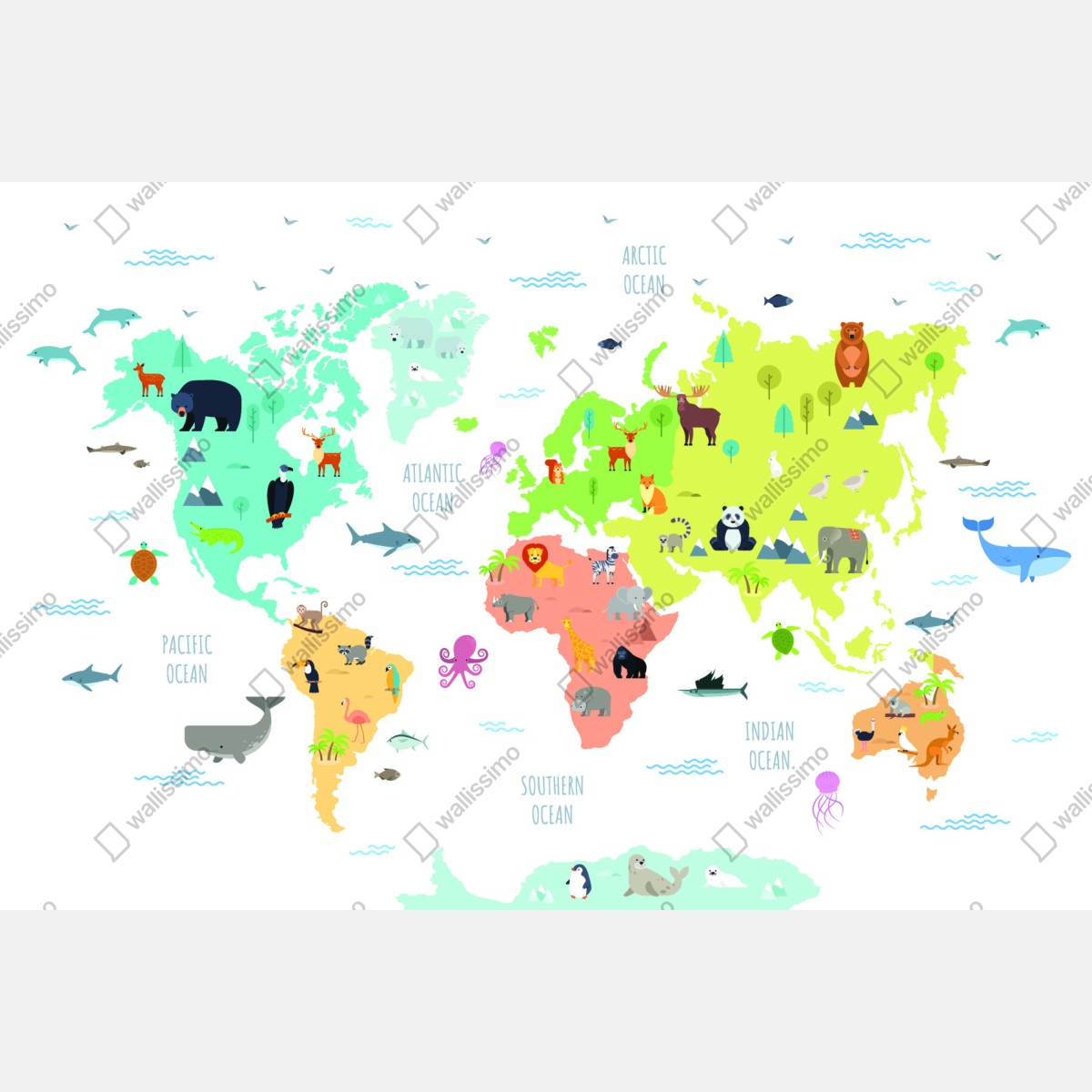Fototapeta ilustrowana mapa świata ze zwierzętami – Wallissimo® Fototapeta ilustrowana mapa świata ze zwierzętami – Wallissimo®