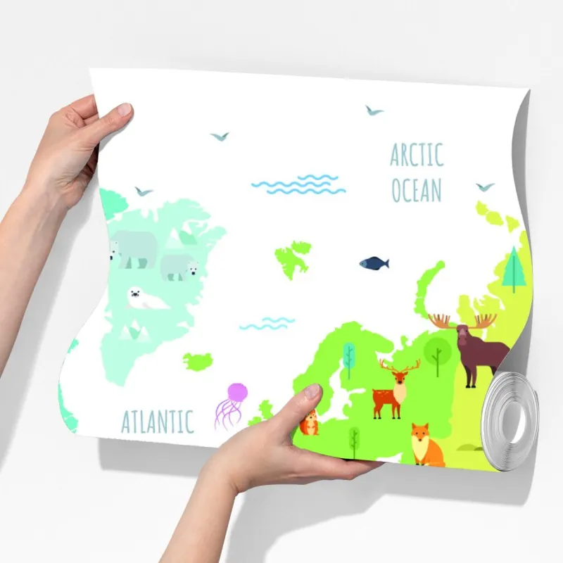 Fototapeta ilustrowana mapa świata ze zwierzętami – Wallissimo® Fototapeta ilustrowana mapa świata ze zwierzętami – Wallissimo®