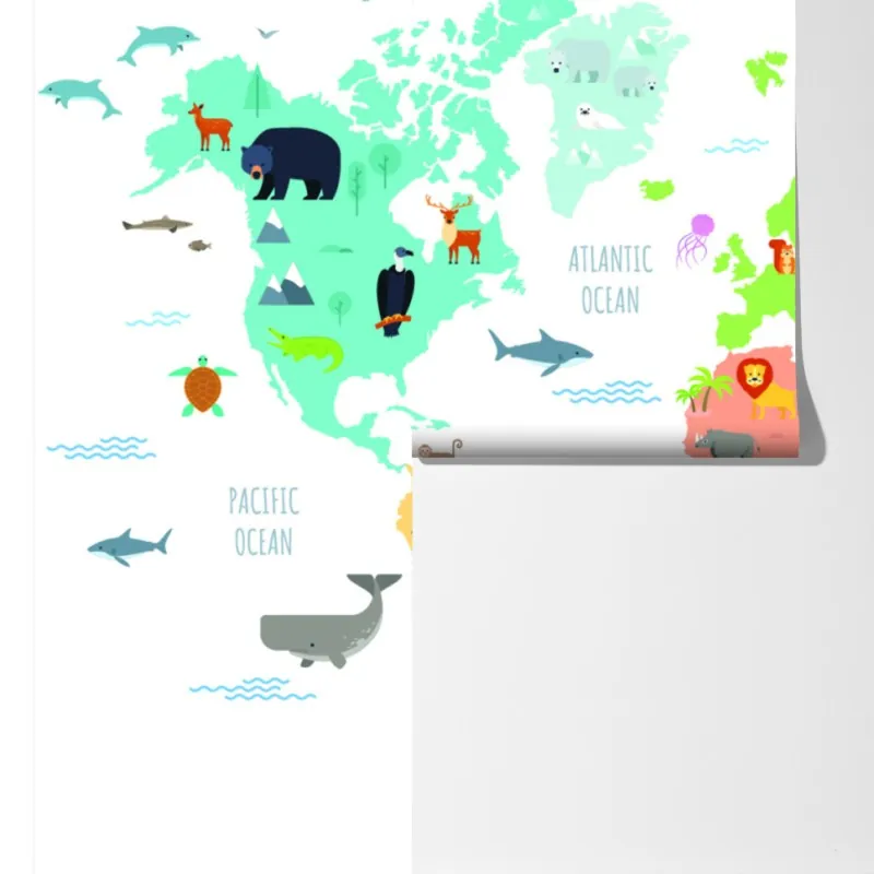 Fototapeta ilustrowana mapa świata ze zwierzętami – Wallissimo® Fototapeta ilustrowana mapa świata ze zwierzętami – Wallissimo®