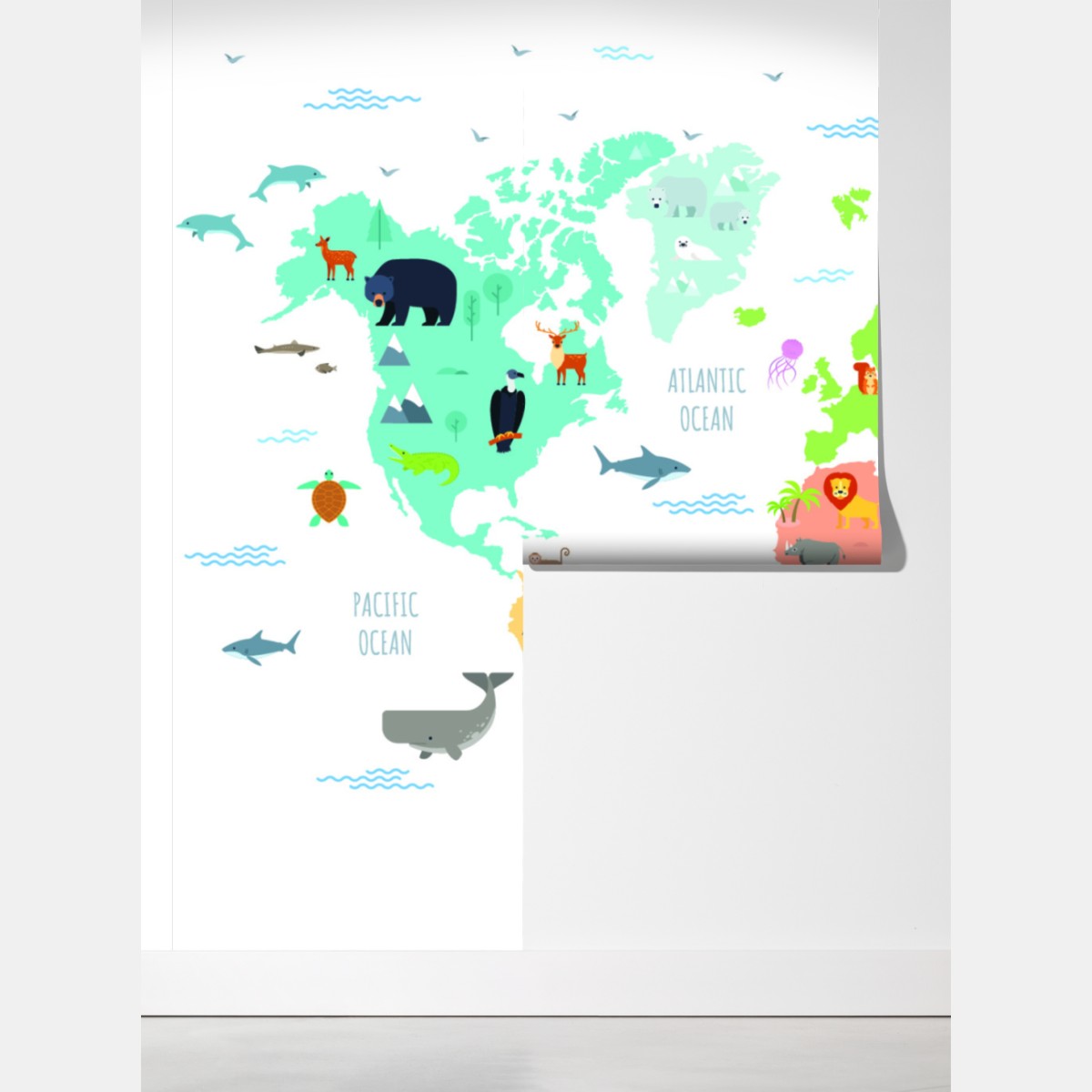 Fototapeta ilustrowana mapa świata ze zwierzętami – Wallissimo® Fototapeta ilustrowana mapa świata ze zwierzętami – Wallissimo®