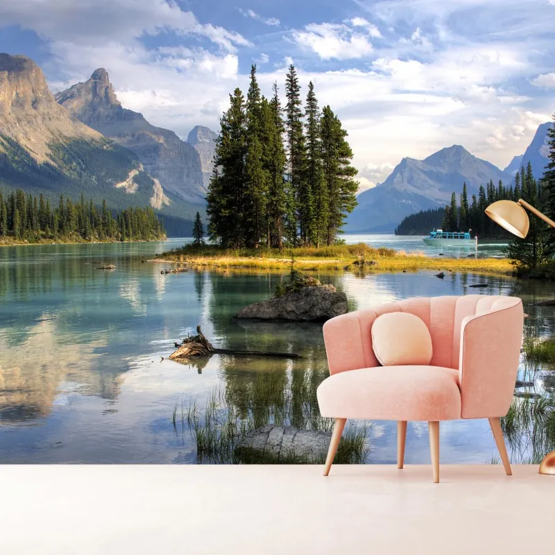 Fototapeta spokojne jezioro alpejskie z wyspą i górami