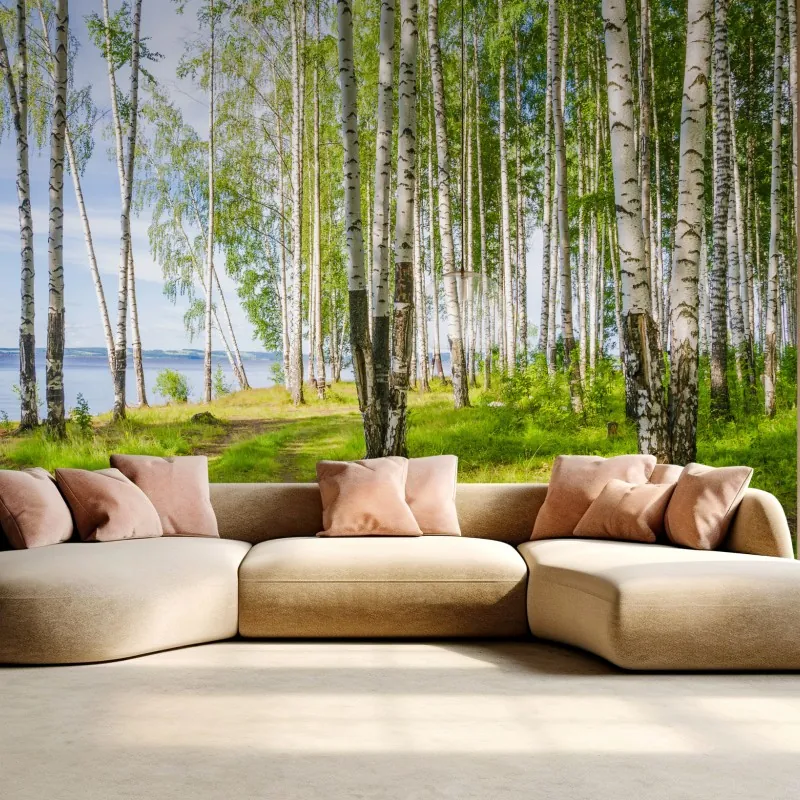 Fototapeta słoneczny zagajnik brzozowy nad wodą