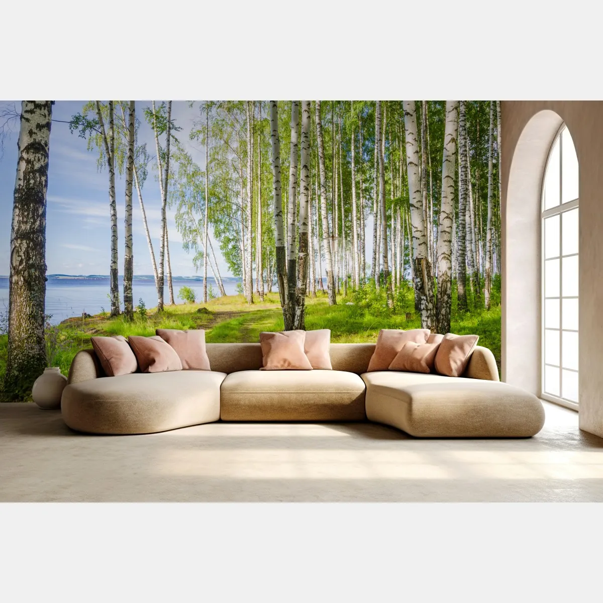 Fototapeta słoneczny zagajnik brzozowy nad wodą – Wallissimo® Fototapeta słoneczny zagajnik brzozowy nad wodą – Wallissimo®