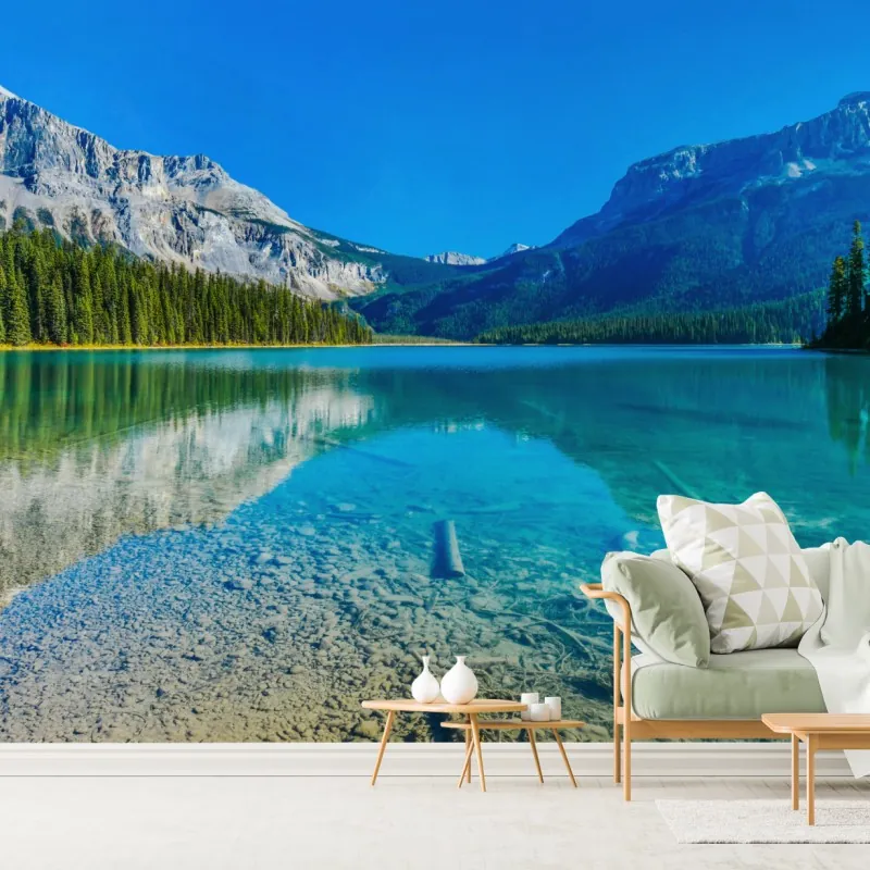 Fototapeta turkusowe alpejskie jezioro z odbiciami gór – Wallissimo® Fototapeta turkusowe alpejskie jezioro z odbiciami gór – Wallissimo®