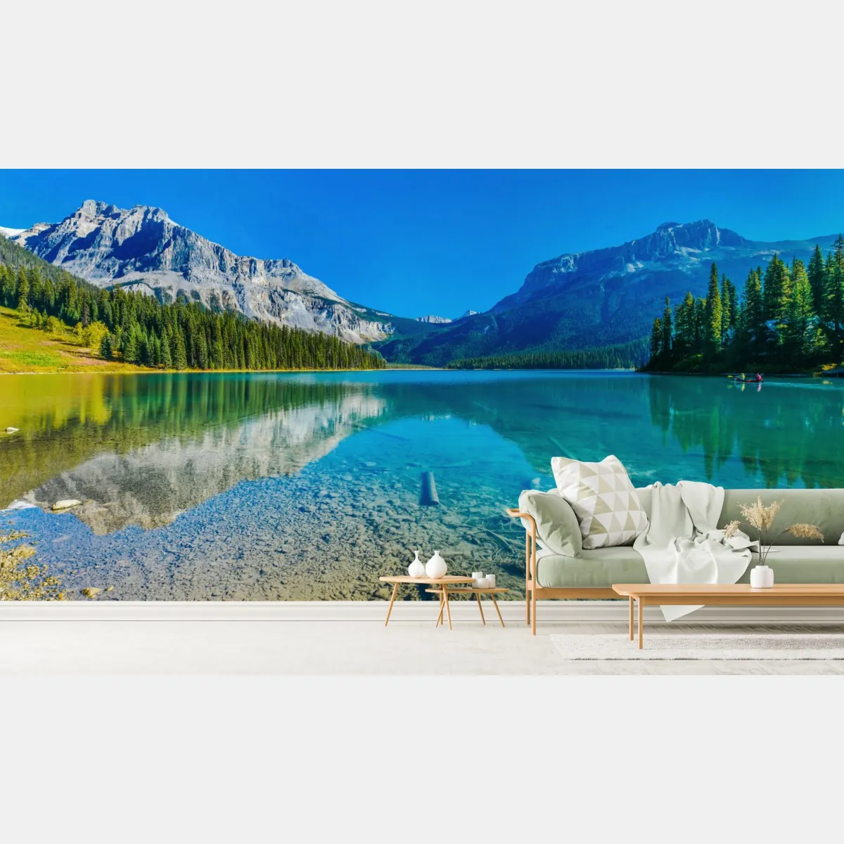 Fototapeta turkusowe alpejskie jezioro z odbiciami gór – Wallissimo® Fototapeta turkusowe alpejskie jezioro z odbiciami gór – Wallissimo®