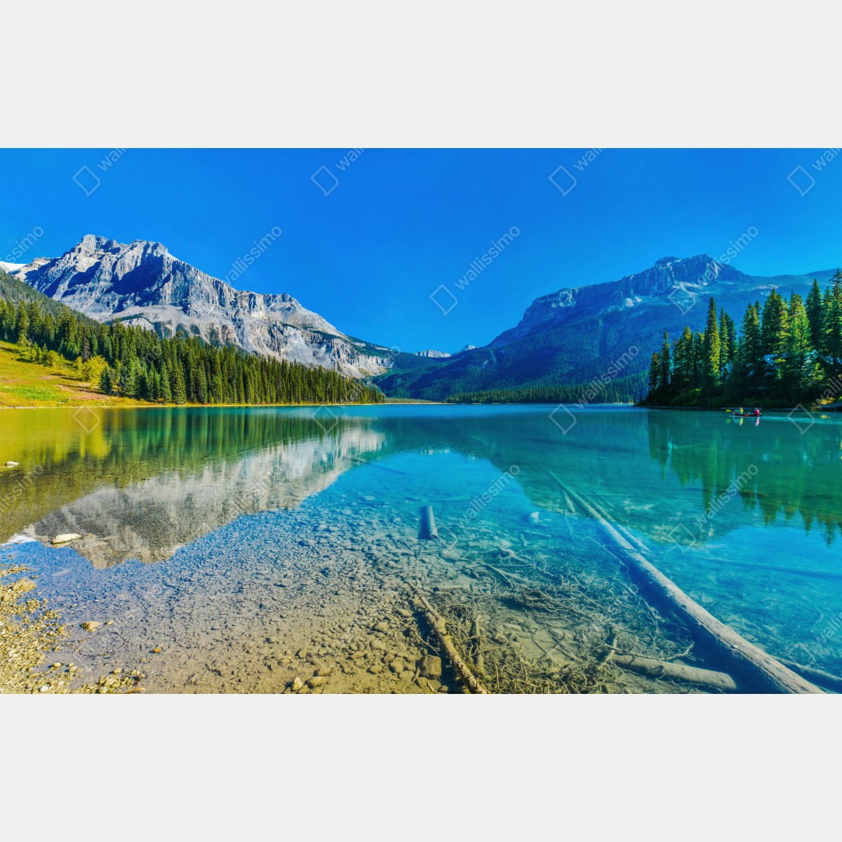 Fototapeta turkusowe alpejskie jezioro z odbiciami gór – Wallissimo® Fototapeta turkusowe alpejskie jezioro z odbiciami gór – Wallissimo®