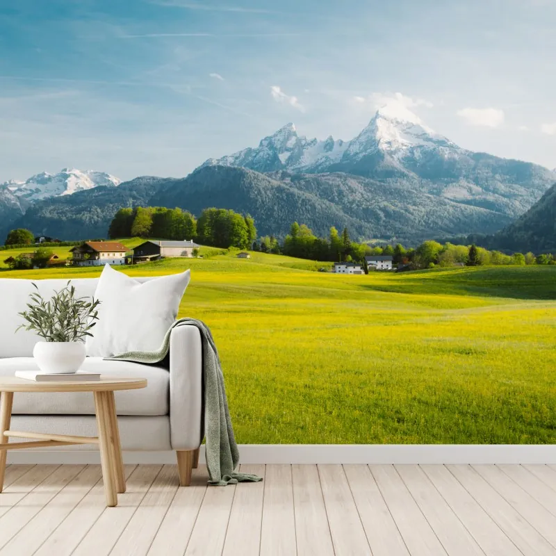 Fototapeta alpejska łąka pod ośnieżonymi szczytami