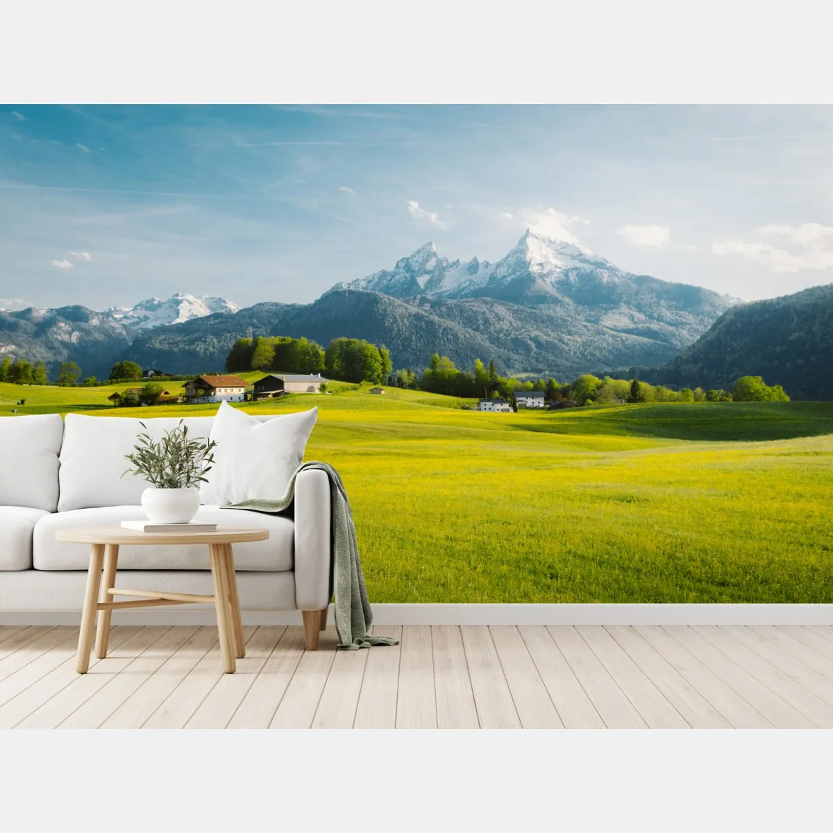 Fototapeta alpejska łąka pod ośnieżonymi szczytami – Wallissimo® Fototapeta alpejska łąka pod ośnieżonymi szczytami – Wallissimo®