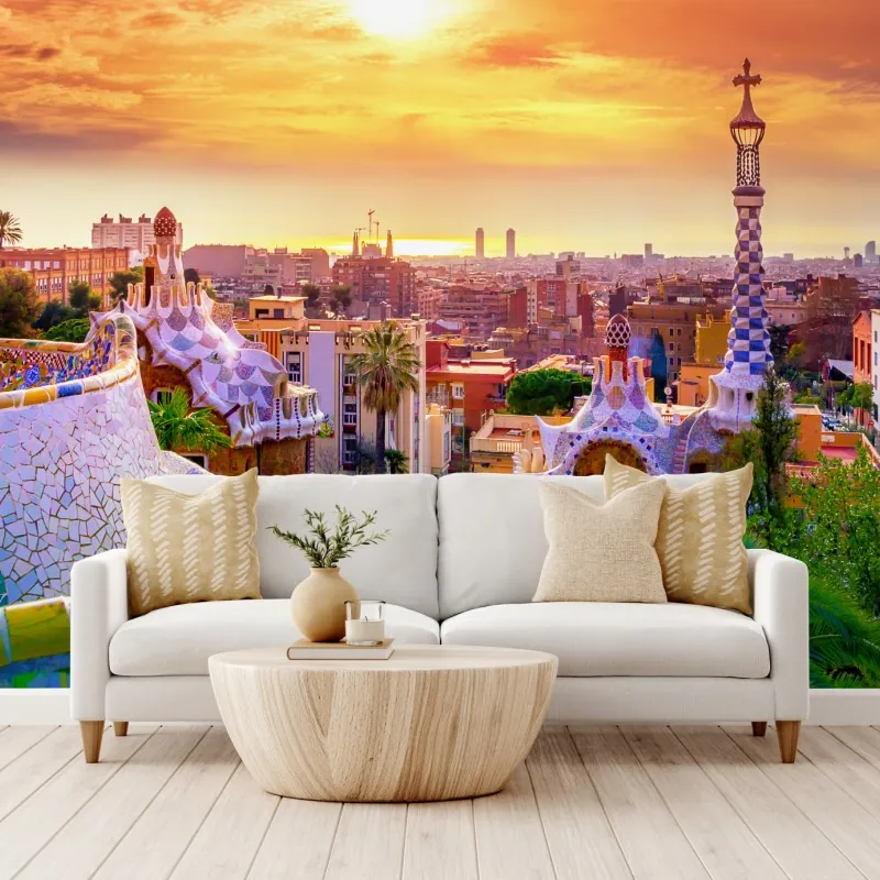 Fototapeta zachód słońca nad Park Güell w Barcelonie