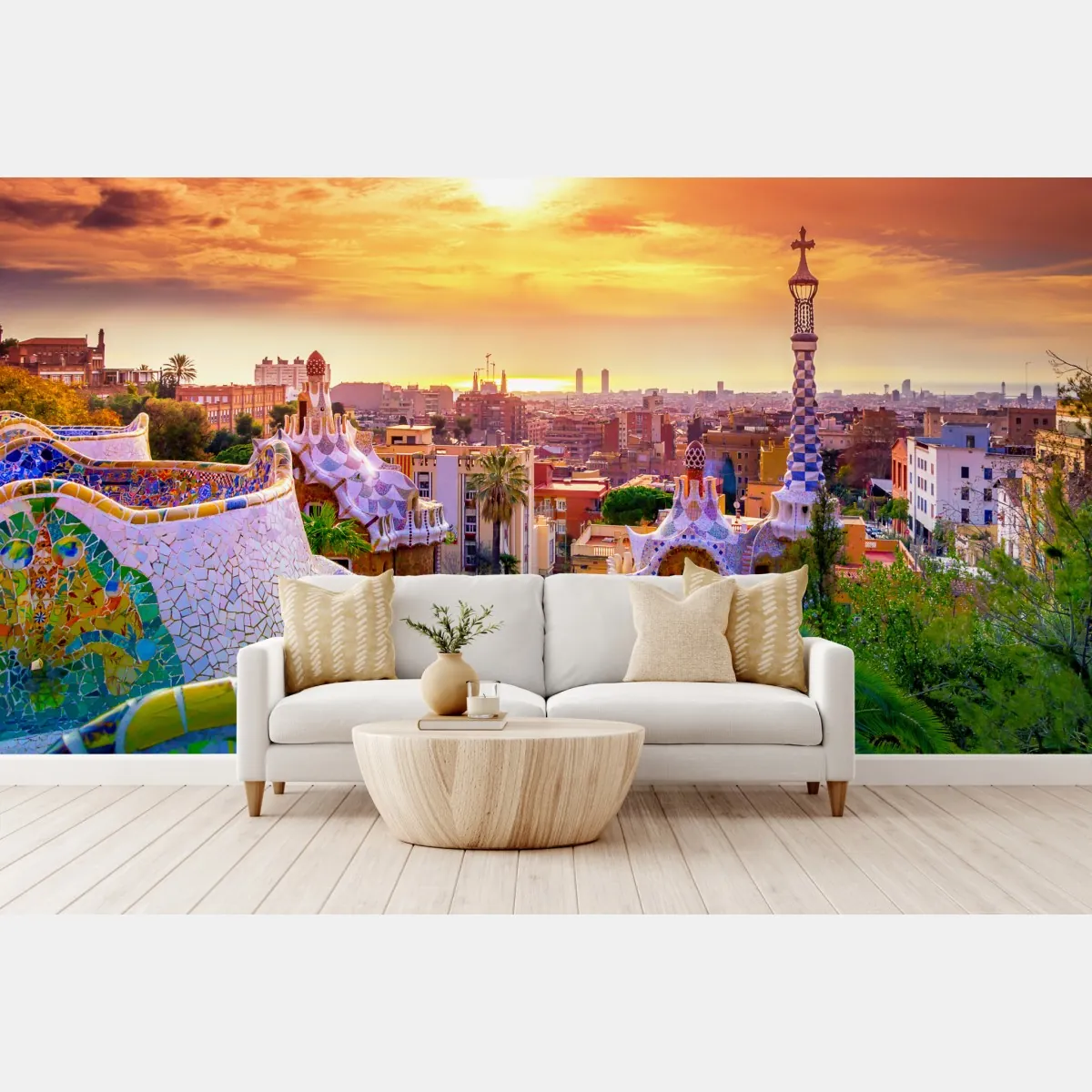 Fototapeta zachód słońca nad Park Güell w Barcelonie – Wallissimo® Fototapeta zachód słońca nad Park Güell w Barcelonie – Wallissimo®