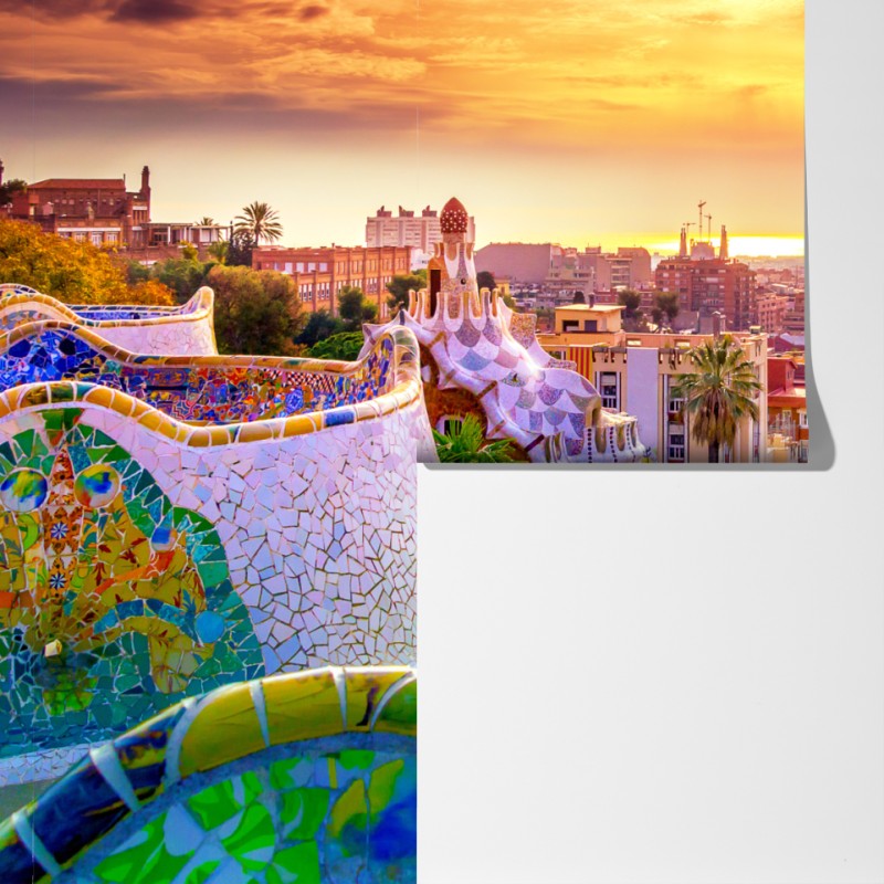 Fototapeta zachód słońca nad Park Güell w Barcelonie – Wallissimo® Fototapeta zachód słońca nad Park Güell w Barcelonie – Wallissimo®
