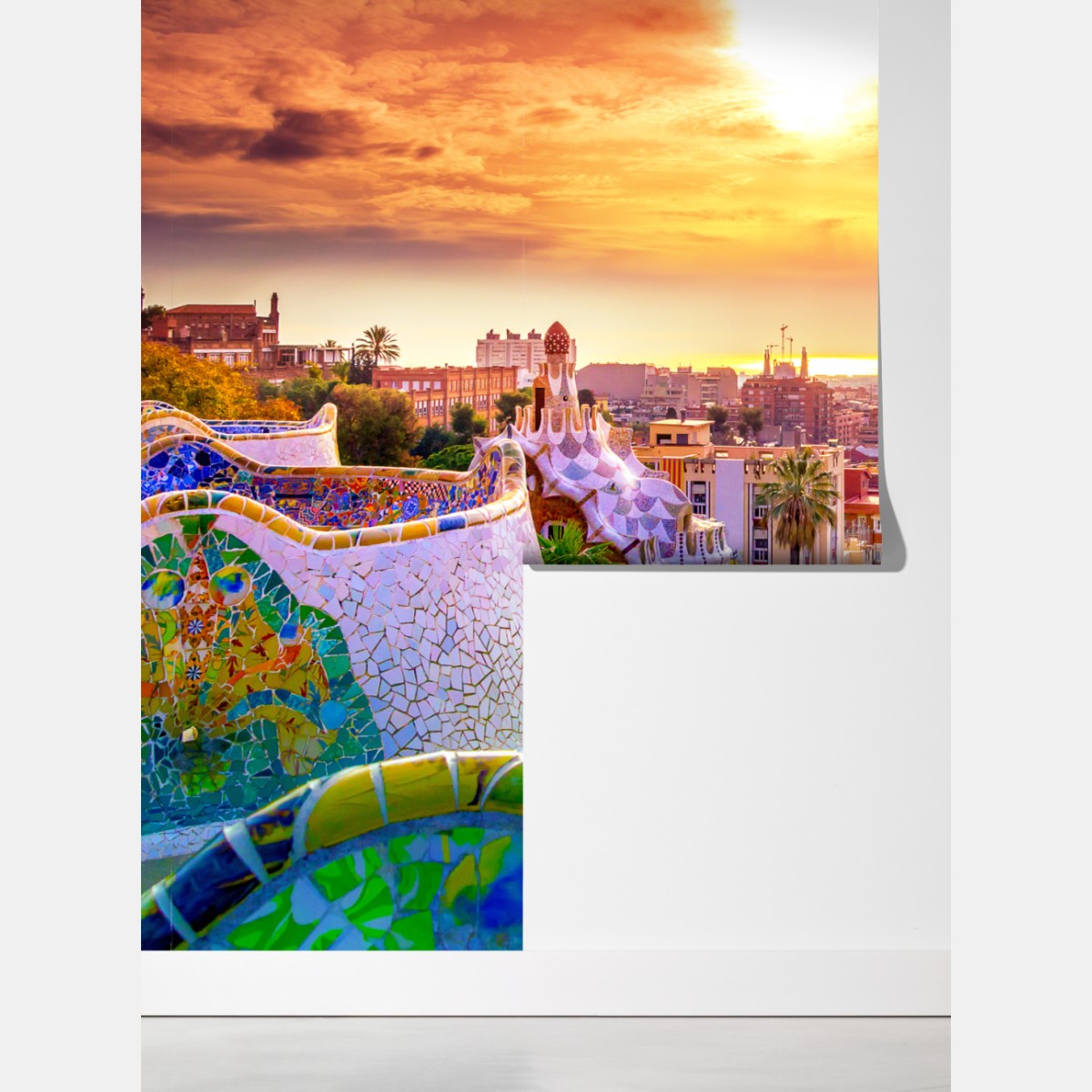 Fototapeta zachód słońca nad Park Güell w Barcelonie – Wallissimo® Fototapeta zachód słońca nad Park Güell w Barcelonie – Wallissimo®
