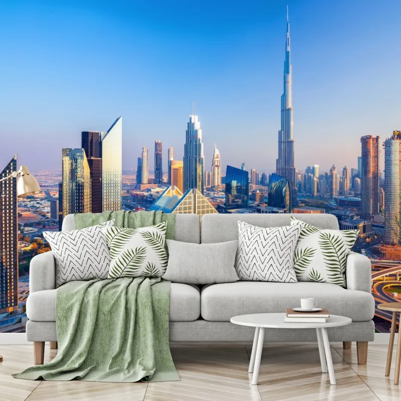 Fototapeta panorama Dubaju z Burj Khalifa o zachodzie słońca