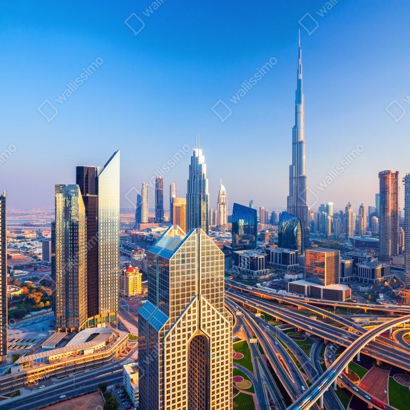 Fototapeta panorama Dubaju z Burj Khalifa o zachodzie słońca – Wallissimo® Fototapeta panorama Dubaju z Burj Khalifa o zachodzie słońca – Wallissimo®