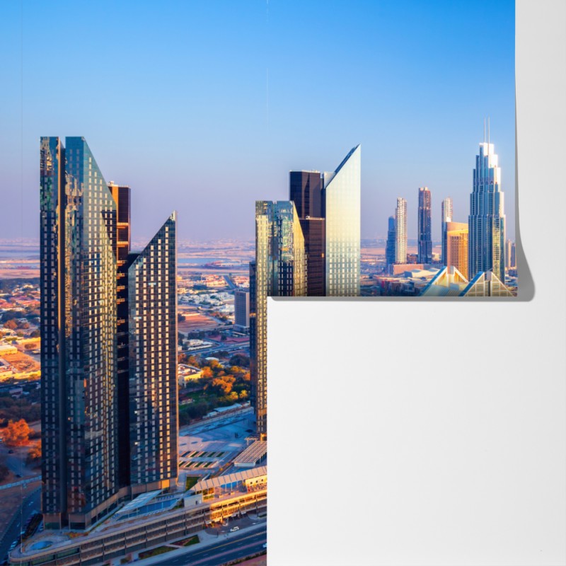 Fototapeta panorama Dubaju z Burj Khalifa o zachodzie słońca – Wallissimo® Fototapeta panorama Dubaju z Burj Khalifa o zachodzie słońca – Wallissimo®