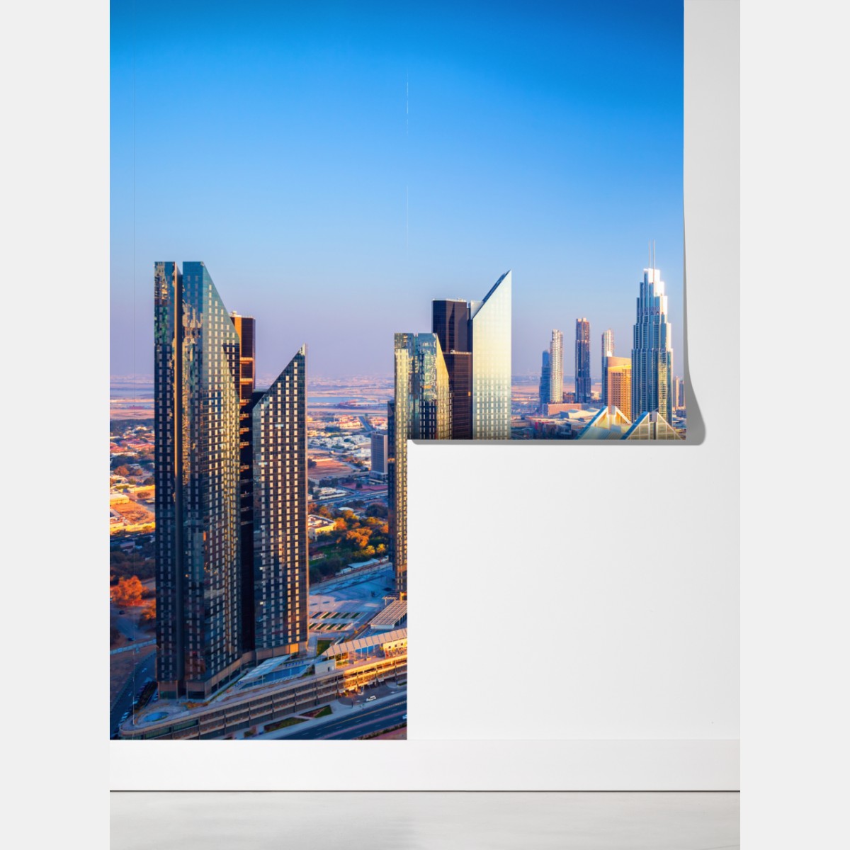 Fototapeta panorama Dubaju z Burj Khalifa o zachodzie słońca – Wallissimo® Fototapeta panorama Dubaju z Burj Khalifa o zachodzie słońca – Wallissimo®