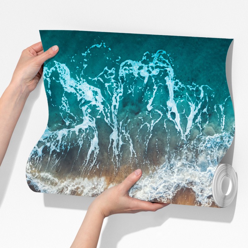 Fototapeta lotnicze ujęcie turkusowych fal na piaszczystej plaży – Wallissimo® Fototapeta lotnicze ujęcie turkusowych fal na piaszczystej plaży – Wallissimo®