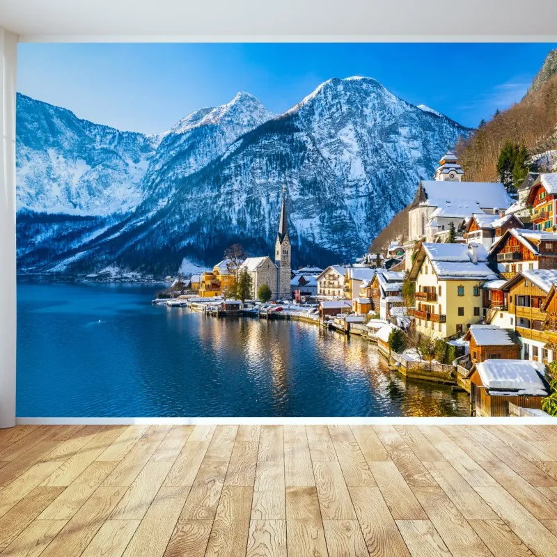 Fototapeta zimowy spokój w Hallstatt — alpejska wioska nad jeziorem