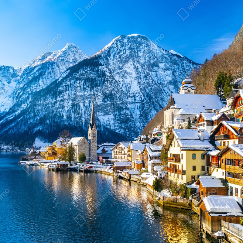 Fototapeta zimowy spokój w Hallstatt — alpejska wioska nad jeziorem – Wallissimo® Fototapeta zimowy spokój w Hallstatt — alpejska wioska nad jeziorem – Wallissimo®