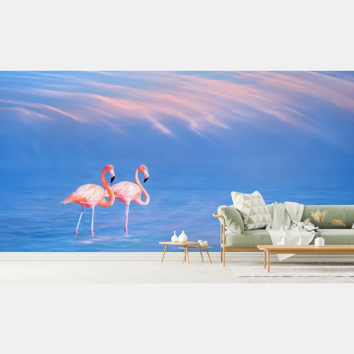 Fototapeta różowe flamingi na pastelowych wodach – Wallissimo® Fototapeta różowe flamingi na pastelowych wodach – Wallissimo®