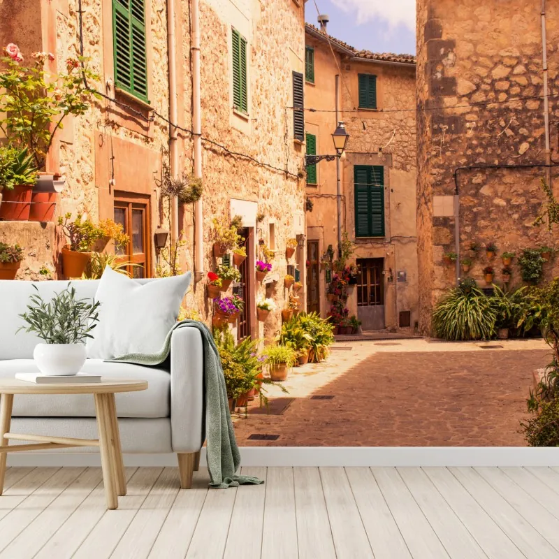 Fototapeta słoneczna uliczka śródziemnomorska z doniczkami
