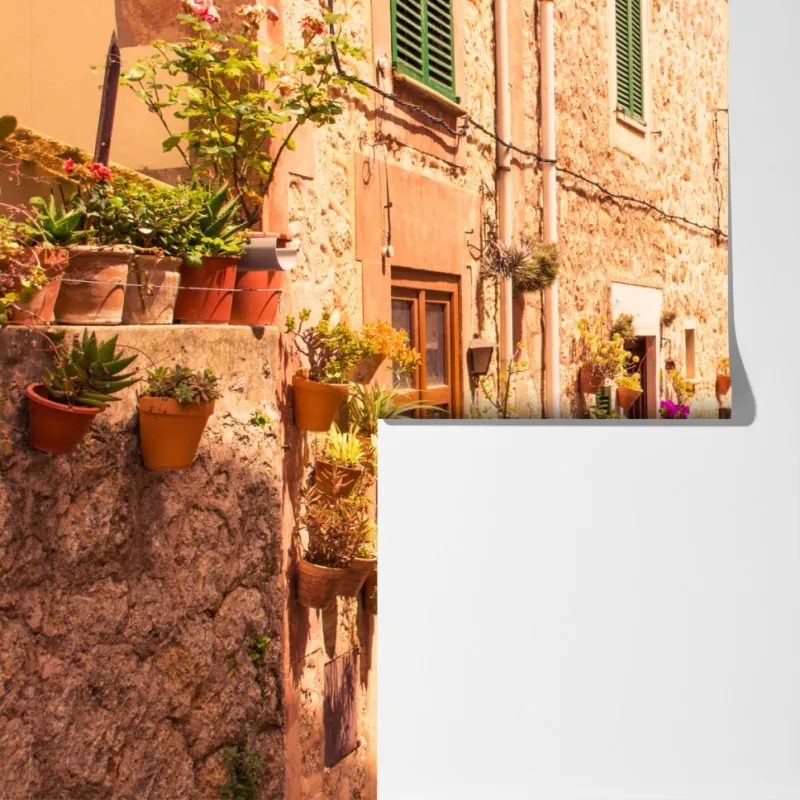 Fototapeta słoneczna uliczka śródziemnomorska z doniczkami – Wallissimo® Fototapeta słoneczna uliczka śródziemnomorska z doniczkami – Wallissimo®