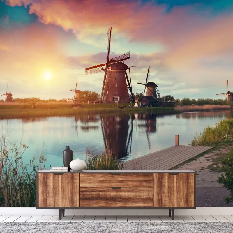 Fototapeta zachód słońca nad wiatrakami w Holandii