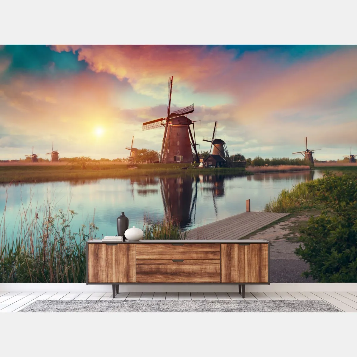 Fototapeta zachód słońca nad wiatrakami w Holandii – Wallissimo® Fototapeta zachód słońca nad wiatrakami w Holandii – Wallissimo®