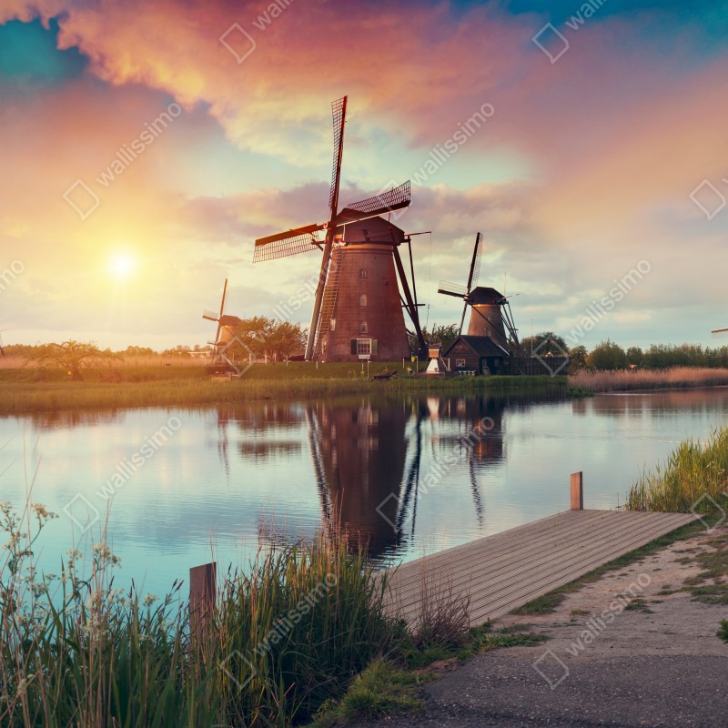 Fototapeta zachód słońca nad wiatrakami w Holandii – Wallissimo® Fototapeta zachód słońca nad wiatrakami w Holandii – Wallissimo®