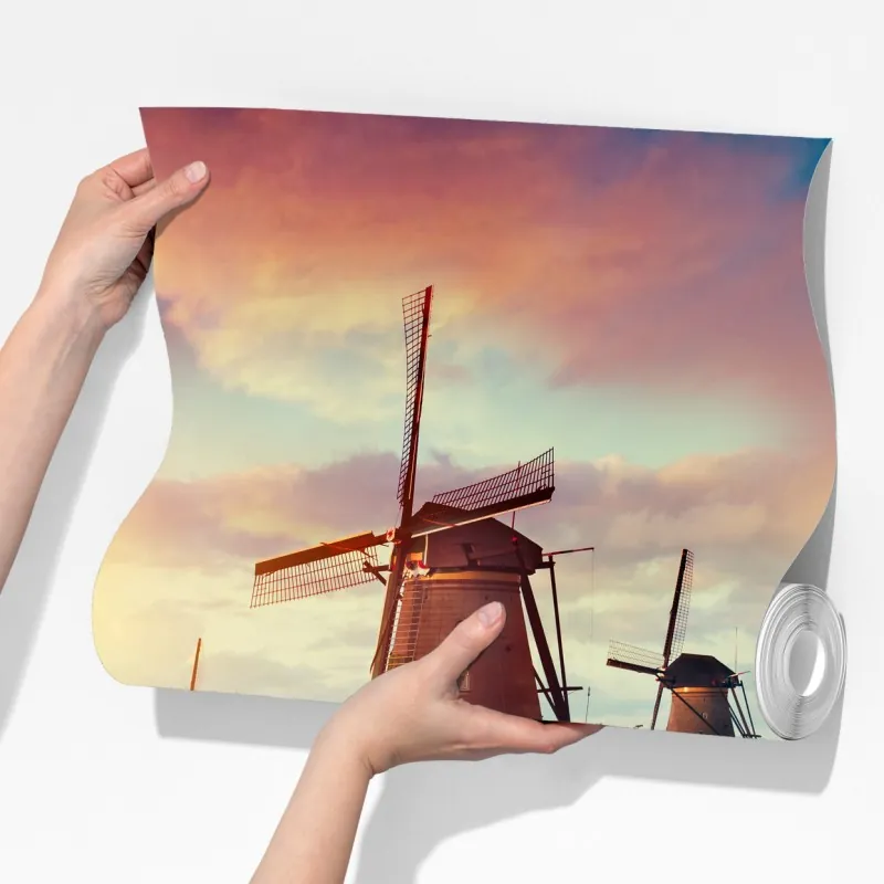 Fototapeta zachód słońca nad wiatrakami w Holandii – Wallissimo® Fototapeta zachód słońca nad wiatrakami w Holandii – Wallissimo®