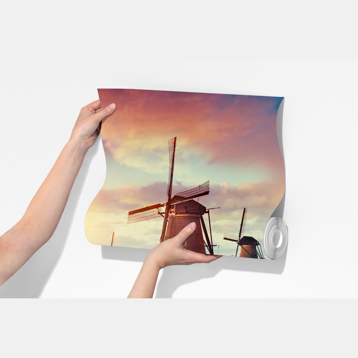 Fototapeta zachód słońca nad wiatrakami w Holandii – Wallissimo® Fototapeta zachód słońca nad wiatrakami w Holandii – Wallissimo®