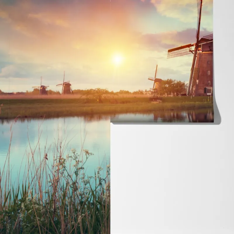 Fototapeta zachód słońca nad wiatrakami w Holandii – Wallissimo® Fototapeta zachód słońca nad wiatrakami w Holandii – Wallissimo®