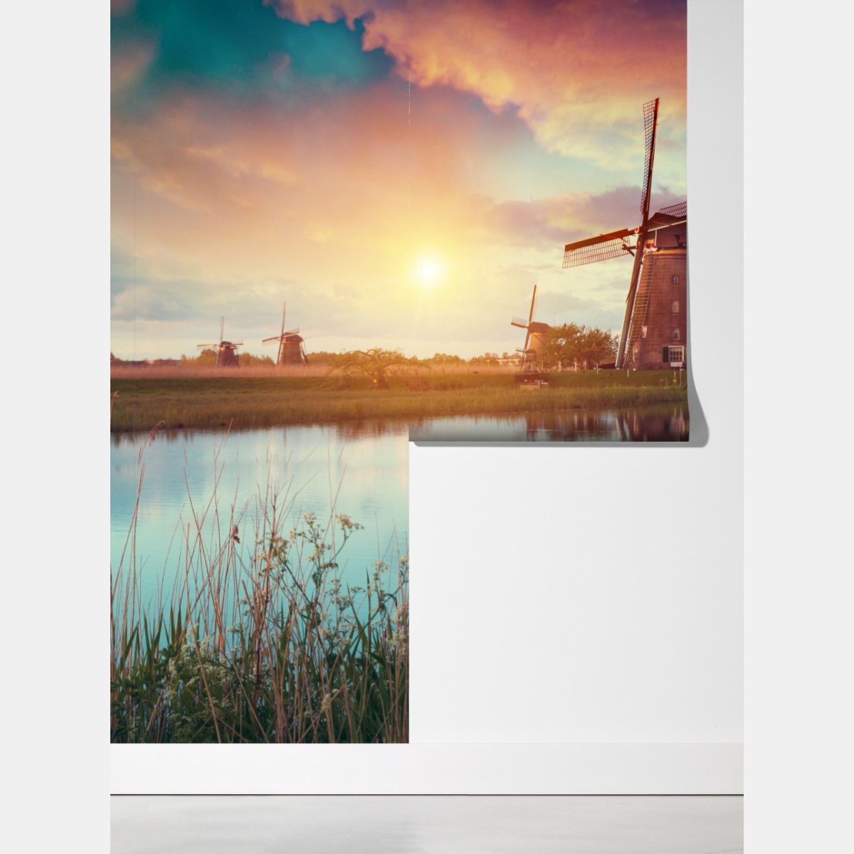 Fototapeta zachód słońca nad wiatrakami w Holandii – Wallissimo® Fototapeta zachód słońca nad wiatrakami w Holandii – Wallissimo®