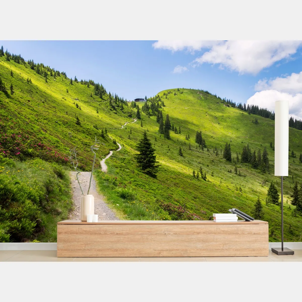 Fototapeta słoneczna górska ścieżka przez zieloną łąkę – Wallissimo® Fototapeta słoneczna górska ścieżka przez zieloną łąkę – Wallissimo®