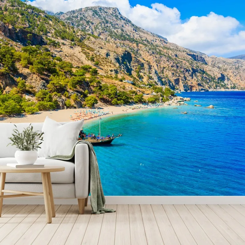 Fototapeta żaglówka na plaży Apella, Karpathos – Wallissimo® Fototapeta żaglówka na plaży Apella, Karpathos – Wallissimo®
