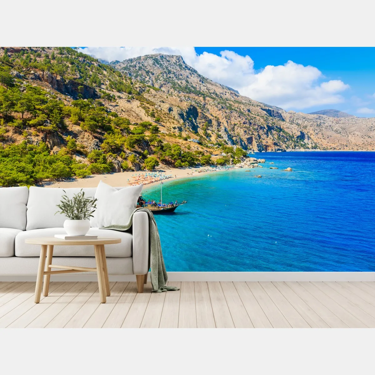 Fototapeta żaglówka na plaży Apella, Karpathos – Wallissimo® Fototapeta żaglówka na plaży Apella, Karpathos – Wallissimo®