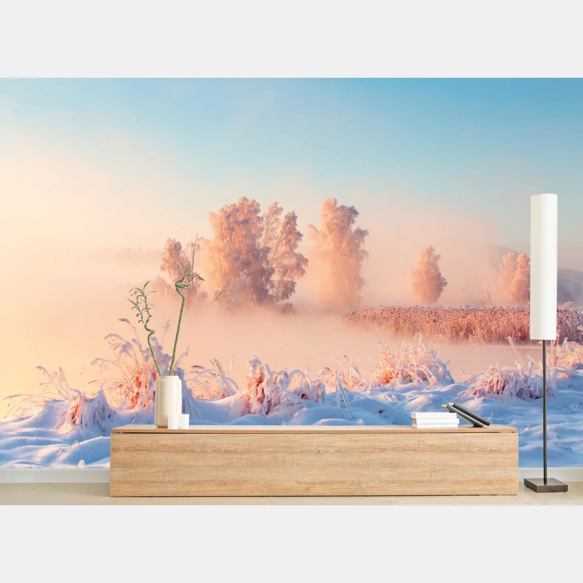 Fototapeta zimowy wschód słońca nad oszronioną łąką – Wallissimo® Fototapeta zimowy wschód słońca nad oszronioną łąką – Wallissimo®