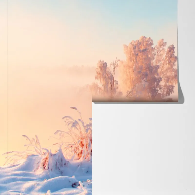 Fototapeta zimowy wschód słońca nad oszronioną łąką – Wallissimo® Fototapeta zimowy wschód słońca nad oszronioną łąką – Wallissimo®