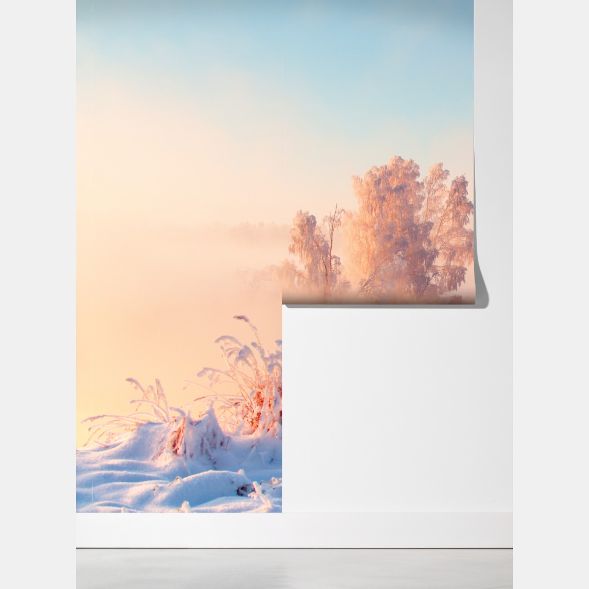 Fototapeta zimowy wschód słońca nad oszronioną łąką – Wallissimo® Fototapeta zimowy wschód słońca nad oszronioną łąką – Wallissimo®